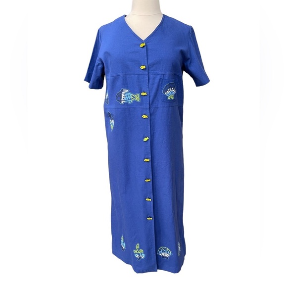 Vintage Sag Harbor Linen & Cotton  Maxi Dress with Fish Buttons and Fish Print - Picture 9 of 9
